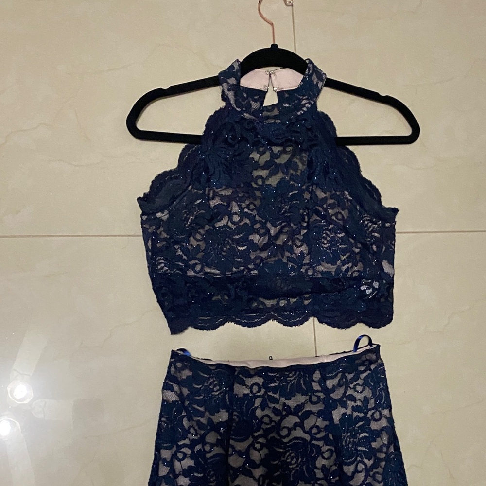 Elegant Navy Lace Two-Piece Set